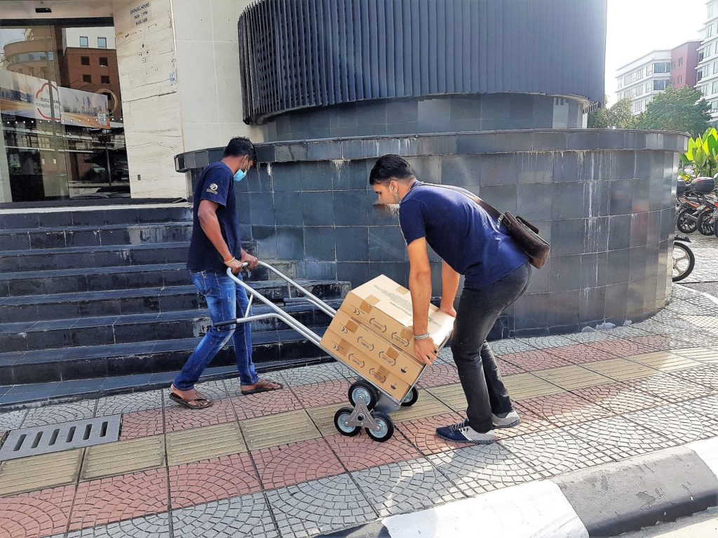 Carpet Tiles being transported to the site on the 1st floor.